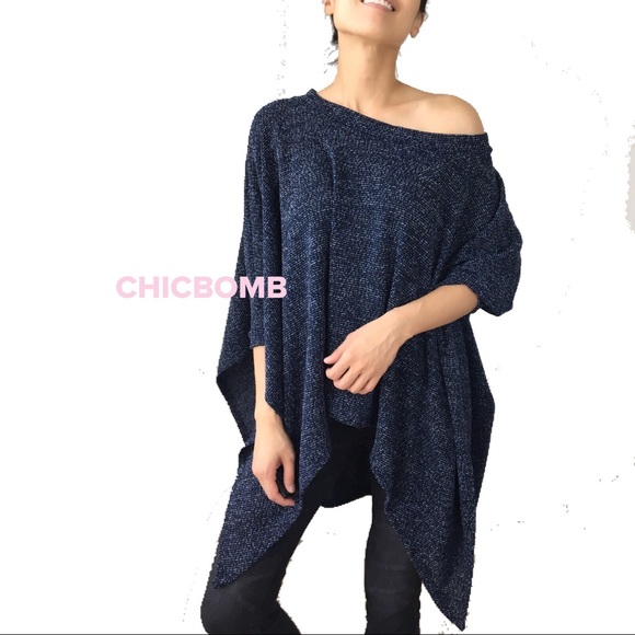 KNITTED DARK BLUE PONCHO CAPE TOP - DARK BLUE - Picture 1 of 8